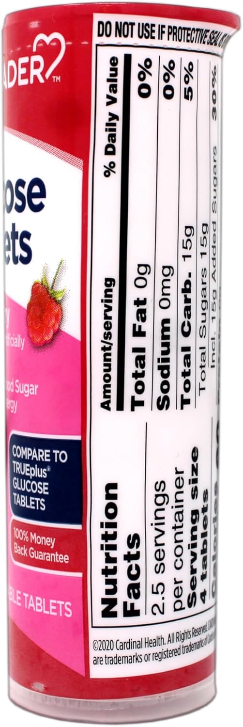 Leader Glucose Tablets, Fast Acting, Great Tasting, Fat-Free, Gluten-Free, Raspberry Flavor 50 Chewable Tablets with On-The-Go 10 Tablets Tube