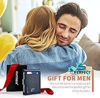 Vista 6 de RUNBOX Billeteras de hombre Slim RFID Bloqueo de dinero Clip de cuero con caja de regalo, Azul carbón, Moderno