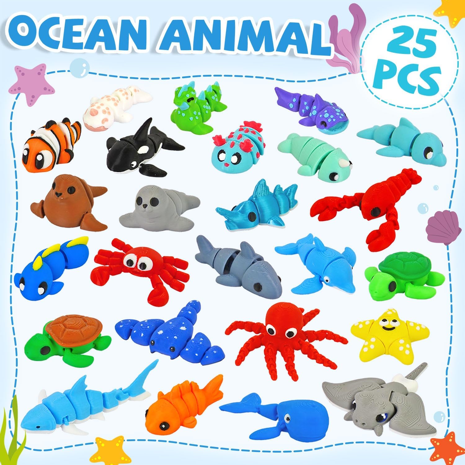Vileafy 25 Mini Articulated Sea Animal Figurines, 3D Printed Ocean Animal Toys for Kids, Cute Collectible Animals, Flexible Fidget Toys for Under the Sea Party Favors – Sea Animal Theme