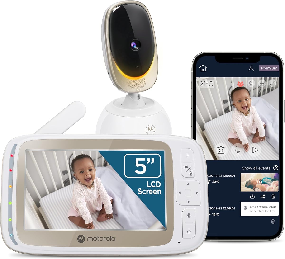 Vigilabebés con vídeo WiFi con cámara y audio, pantalla de 5", cámara HD, zoom panorámico, inclinación y zoom remoto, acceso a aplicaciones para teléfonos inteligentes, conversación bidireccional, visión nocturna, alertas de temperatura y movimiento - VM85
