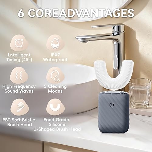 Miniatura 2 de Cepillo de dientes eléctrico automático ultrasónico para adultos, cepillo de dientes en forma de U, limpieza bucal de 360, 5 modos de