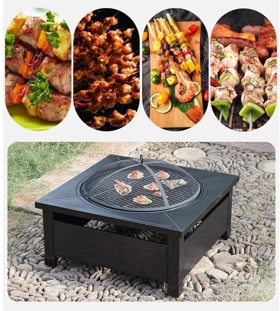 Palenisko zewnętrzne, palenisko opalane drewnem, kwadratowy metalowy palenisko, piec tarasowy, grill z łapaczem iskrzenia, osłona rusztu drewnianego, do gotowania na zewnątrz na kempingu