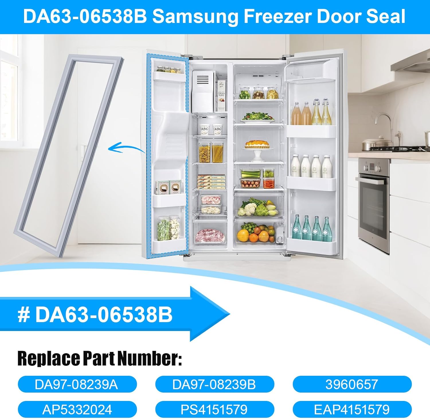Upgraded DA63-06538B Freezer Door Gasket Compatible with Samsung Refrigerator Freezer Door Gasket RS25J500DSR/AA Door Gasket, DA97-08239A DA97-08239B RS261MDRS RS25H5111SR Fridge Door Seal, Gray