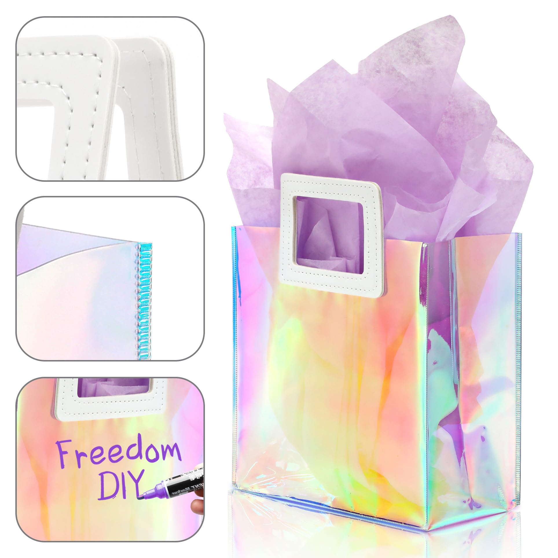 KeerxunBag 1 Pack Holographic Gift Bags with Handles & 2 Tissue Paper Sheets – Iridescent Transparent Reusable Bags for Women, Girls, Birthdays, Weddings，Purple Gift Bag