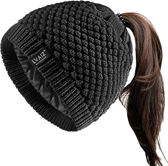 Satin Lined Ponytail Beanie High Messy Bun Hat Knit Winter Hat for Women