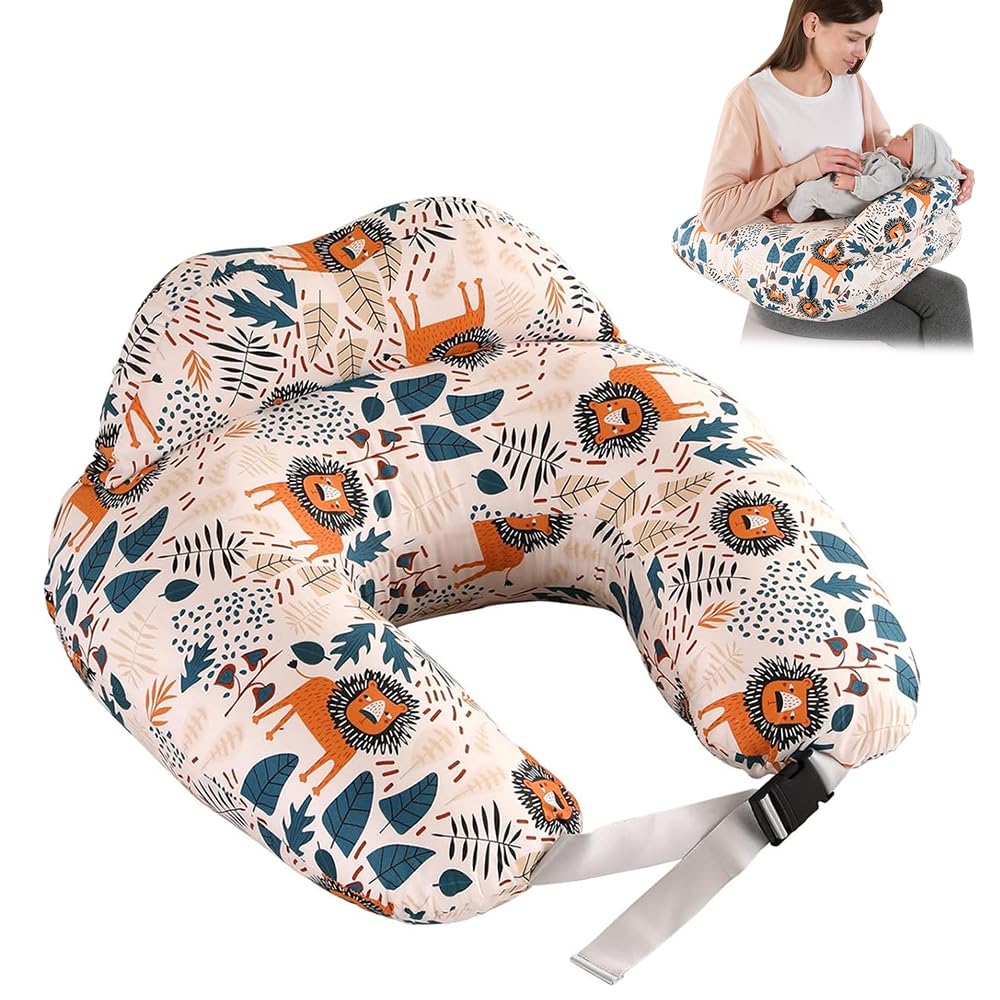 Cuscino Allattamento del Bambino, Cuscino Multifunzionale per l'Allattamento con Cinturino Regolabile in Vita e Recinzione di Sicurezza, Federa Rimovibile in Cotone, Modello Animale Leone