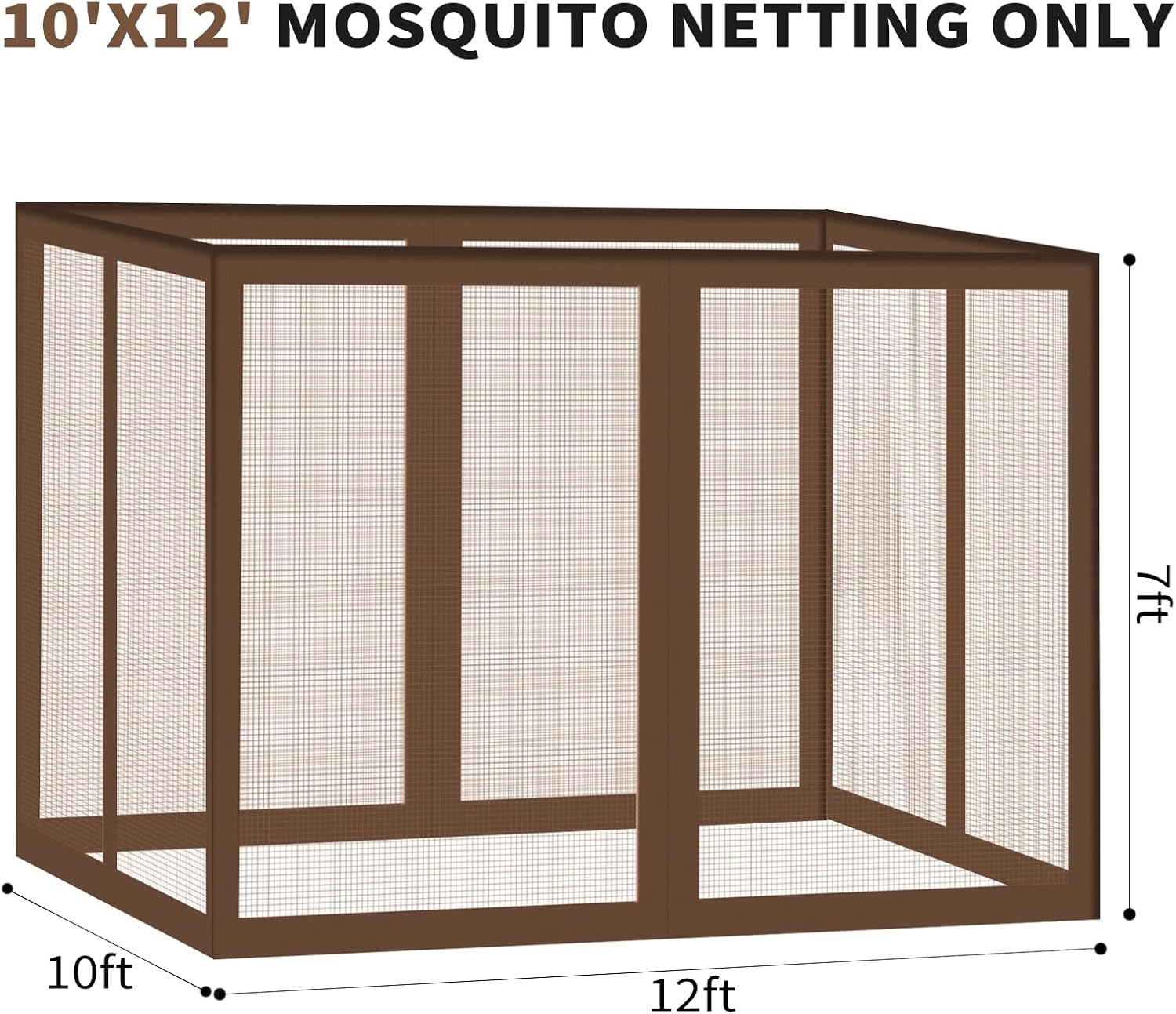 Gazebo Universal Replacement Mosquito Netting, 10' x 12' Outdoor Canopy Net Screen 4-Panel Sidewall Gazebo Curtains, with Zippers, Easy to Install, Fit for Most Gazebos 10x12 Canopy，Patio （Brown）