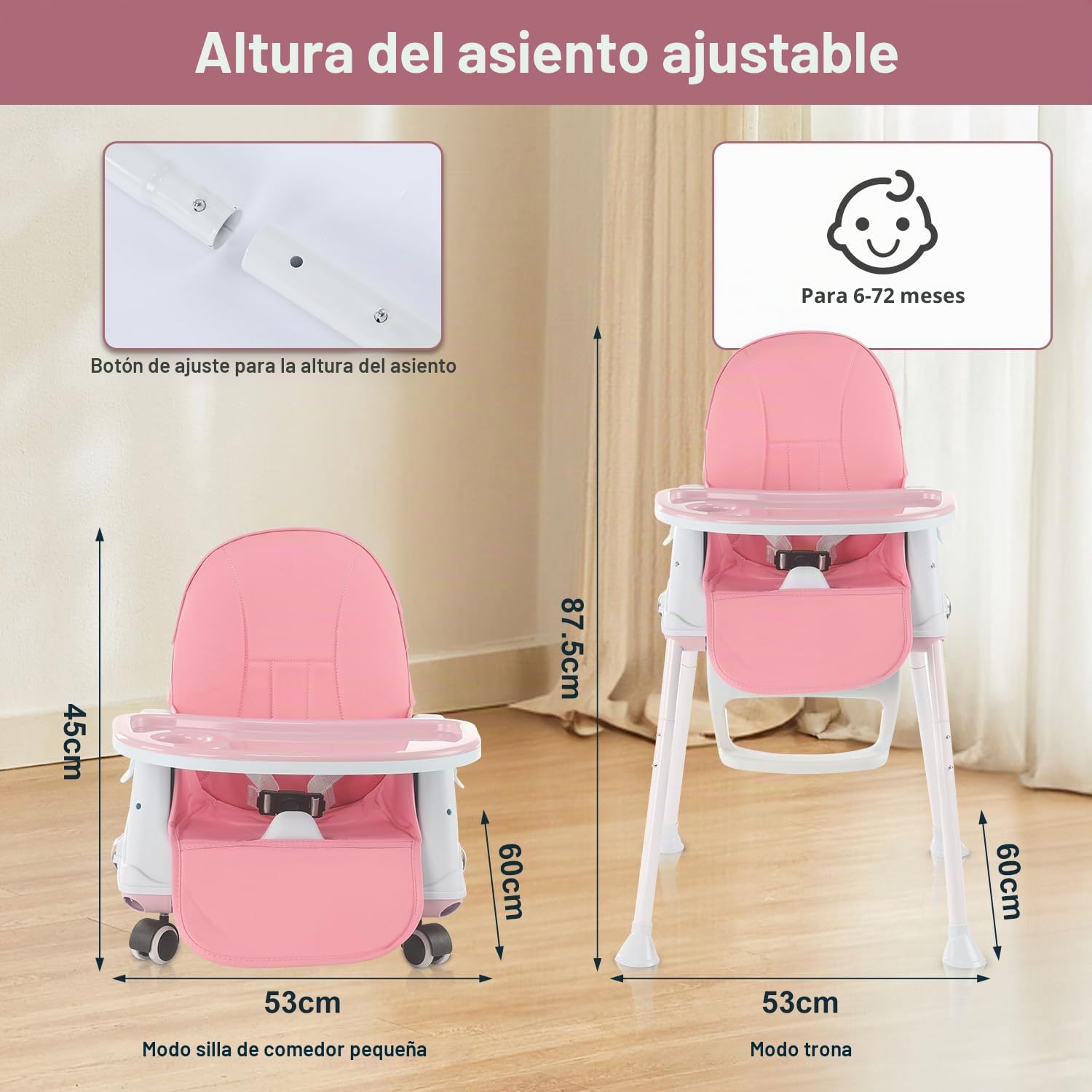 Trona ajustable 4 en 1, asiento de alimentación alto, silla de mesa para niños pequeños, trona con tabla de comedor y cinturón de seguridad de 3 puntos, rosa (rosa)