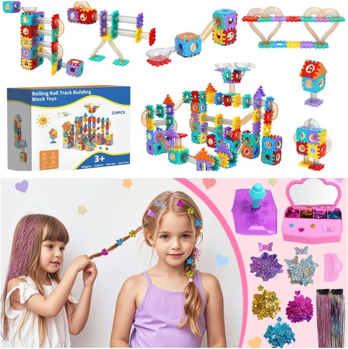 234PCS Marble Run Track Building Blocks Boys + 10 Pack Hair Jewel Stamper for Girls Toy