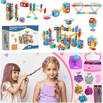 234PCS Marble Run Track Building Blocks Boys + 10 Pack Hair Jewel Stamper for Girls Toy