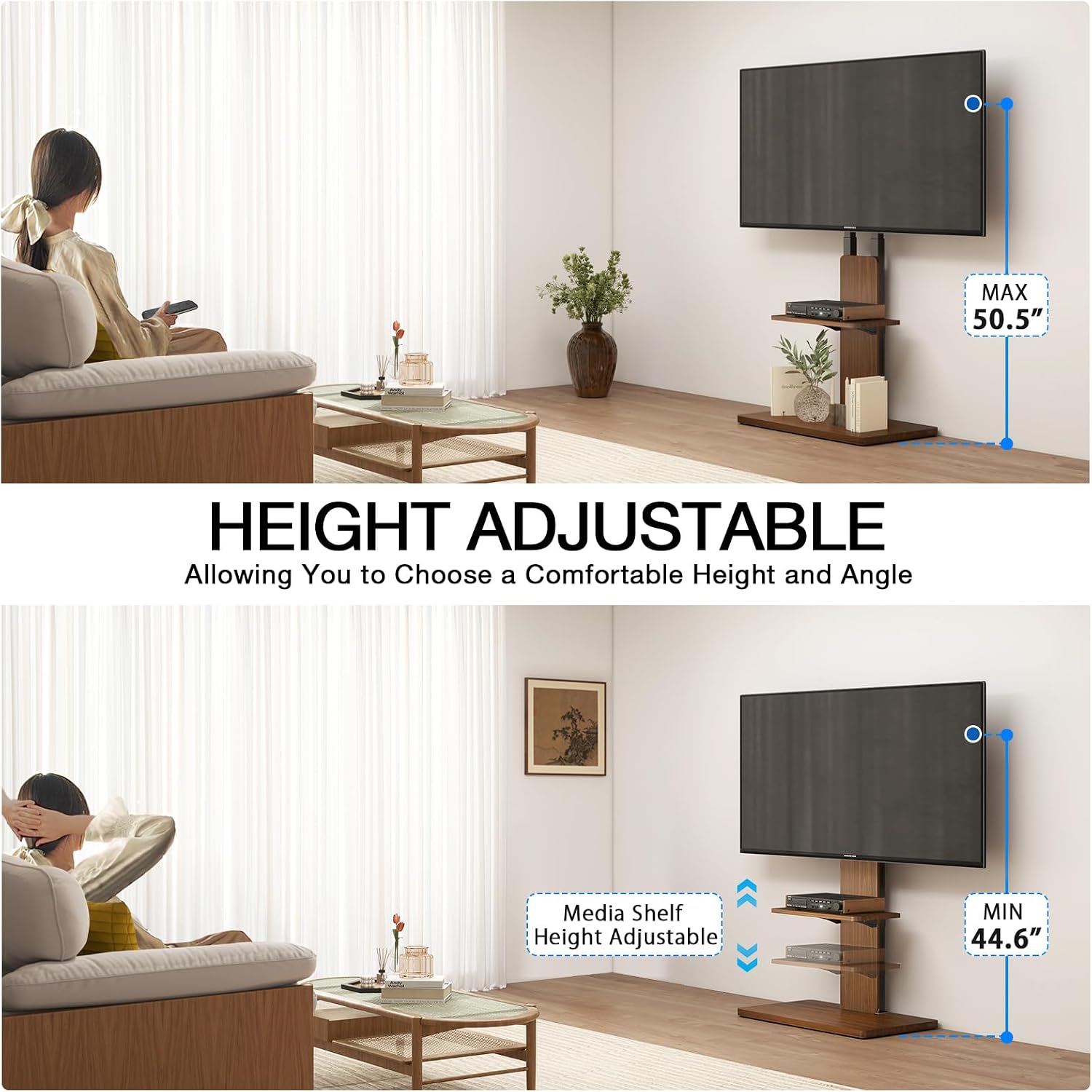 Image showing the TV stand with height adjustment options for the TV and media shelf