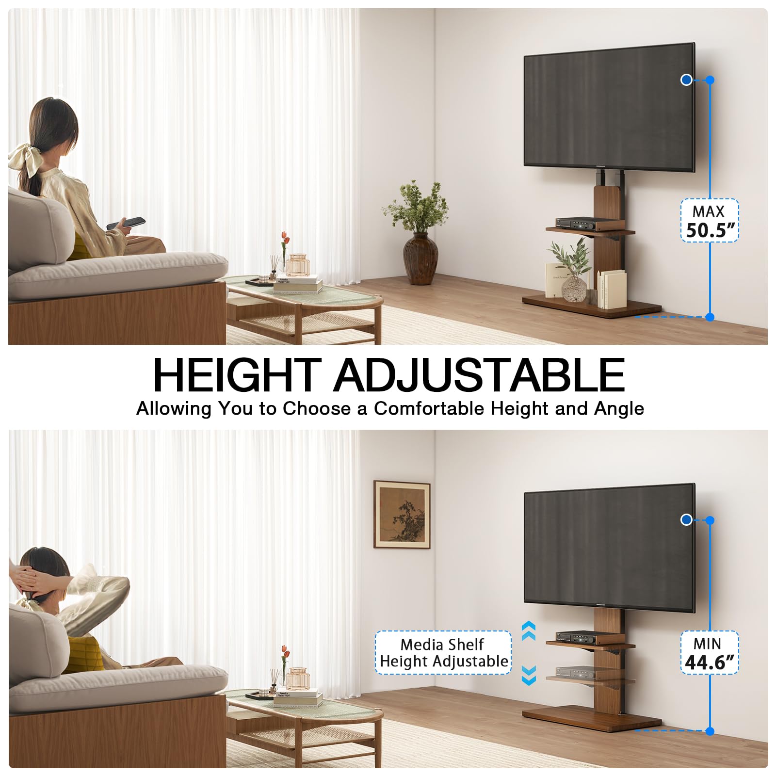 TVON Support TV au Sol avec roulettes Cachées pour Téléviseurs 32-70 Pouces, Hauteur Réglable, Support TV sur Pied Jusqu'à 45 kg avec Étagère Ajustable en Bois, Max VESA 400x400mm
