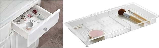 iDesign 40530EU Extendable Drawer Organiser, Adjustable Makeup Drawer Organiser Tray Made of Durable Plastic, Makeup Storage Solution for Brushes, Accessories and More, Clear