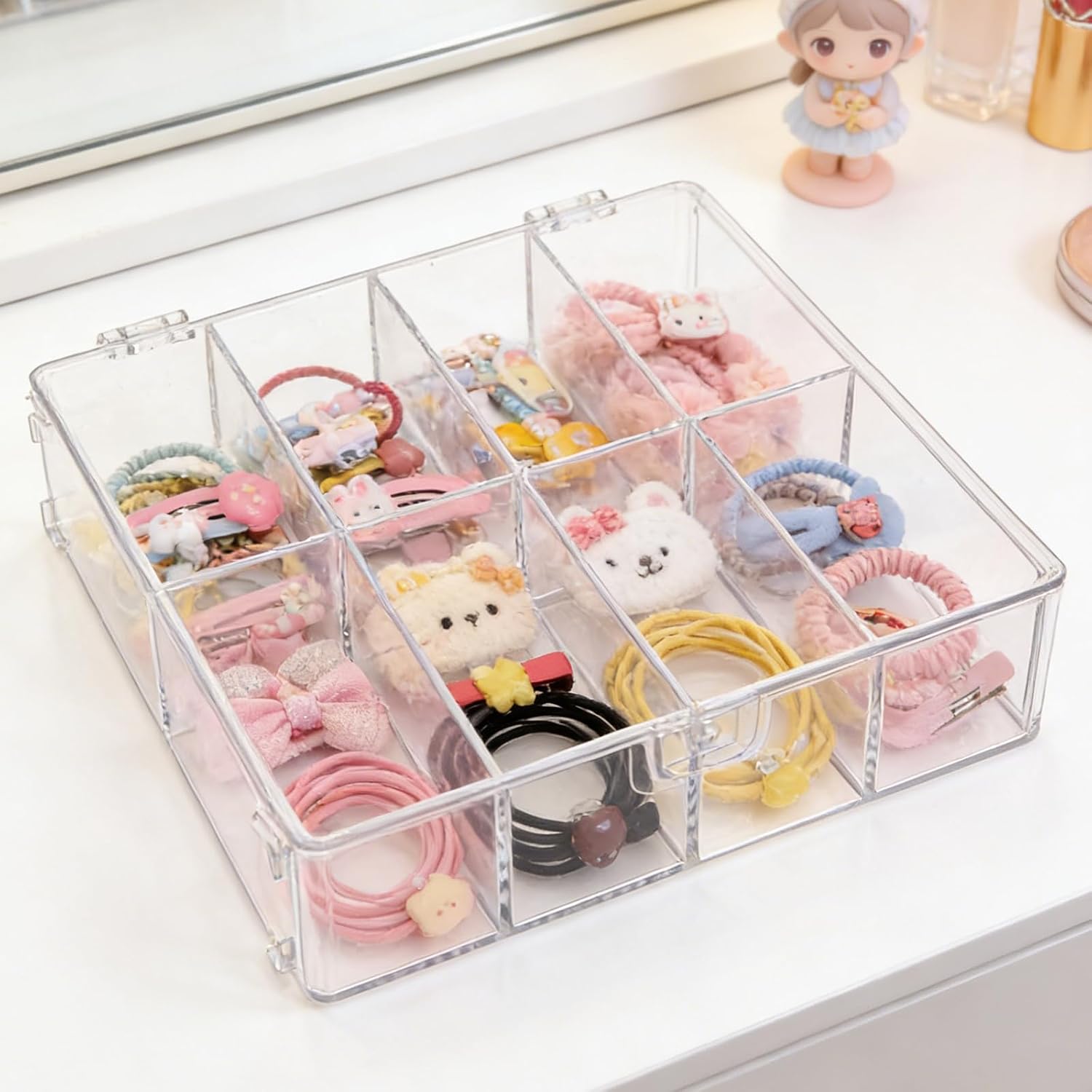FMOACEN Acrylic Hair Accessories Organizer for Girls, 8-Compartment Clear Storage Box with Lid, cute hair tie holder for Hair Bows, Clips, Scrunchies, Bathroom Vanity & Bedroom Countertop
