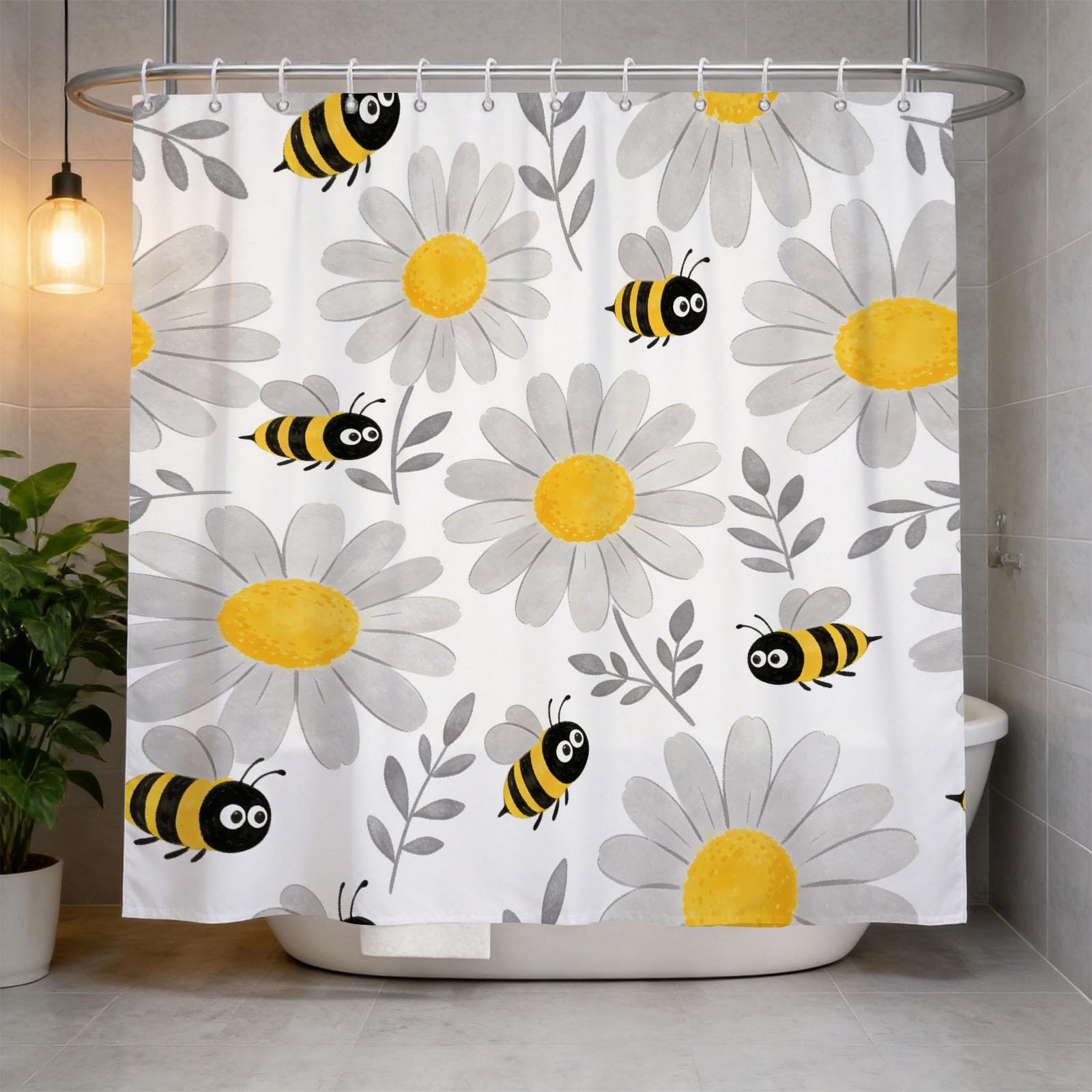 Hongduo 3D Bee Shower Curtain for Stalls Bathtubs Watercolor Illustration Bathroom Decor Shower Curtain Set Polyester Fabric Waterproof 120x180cm/48X71 Inch with Hooks