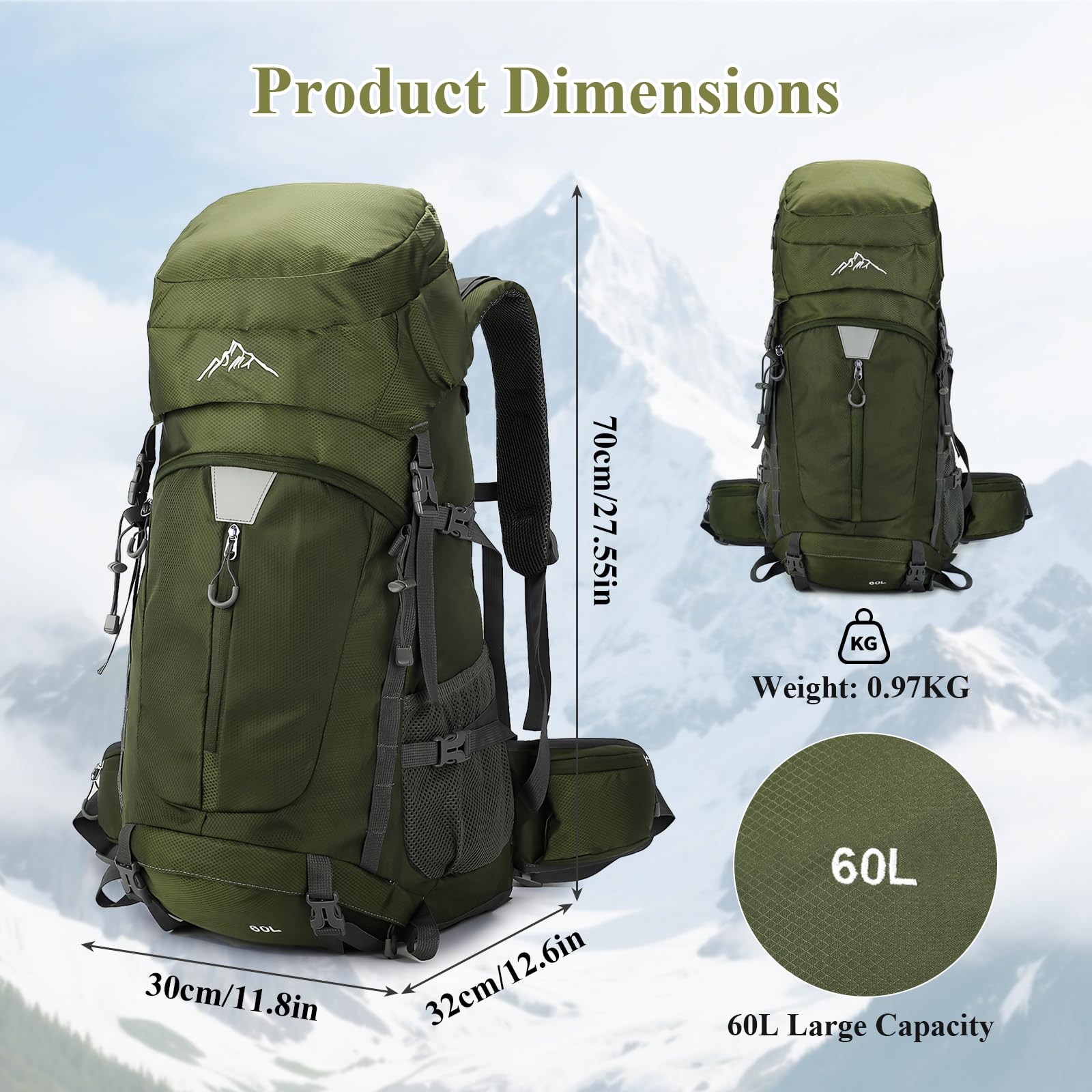 Zaino da escursionismo impermeabile da 60 l, leggero, da campeggio, sportivo, da viaggio, con copertura antipioggia, per alpinismo, escursionismo, viaggi, attività all'aperto, verde, L