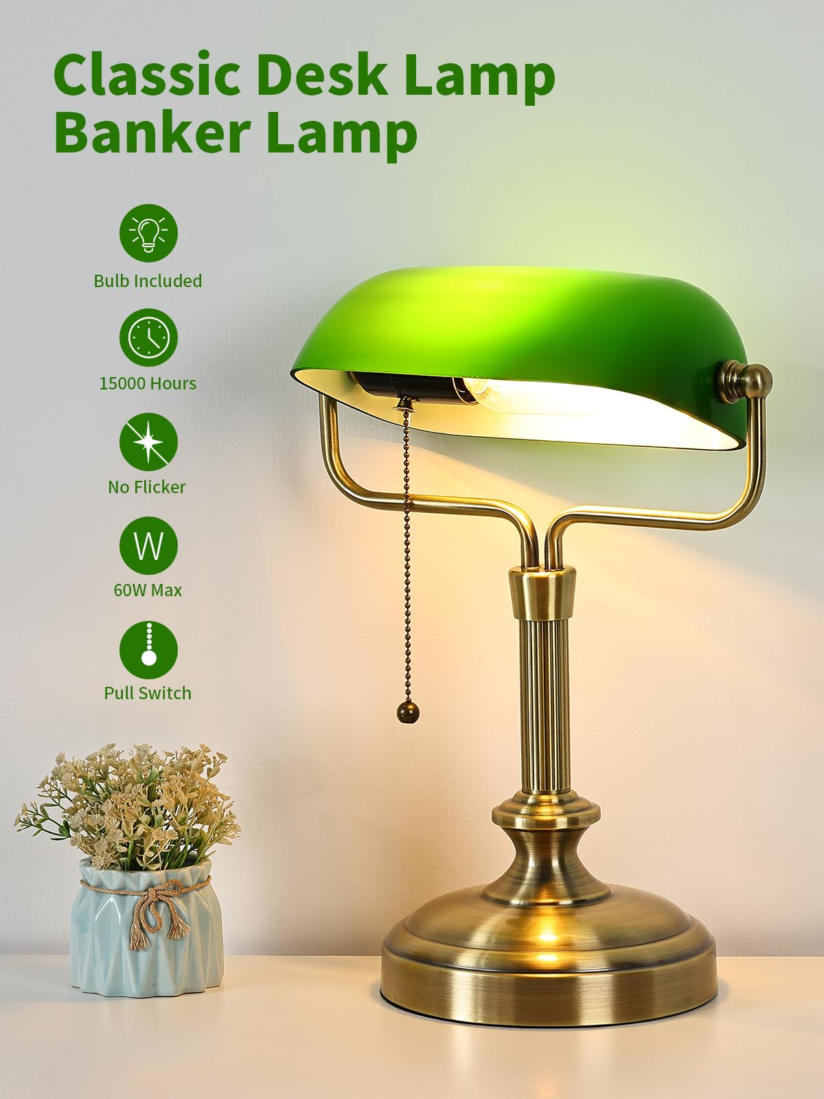 Green Bankers Lampe de bureau, abat-jour en verre réglable, lampe vintage avec interrupteur à chaîne pour bureau à domicile, lampe piano, ampoule LED 6 W incluse (bronze antique + vert)