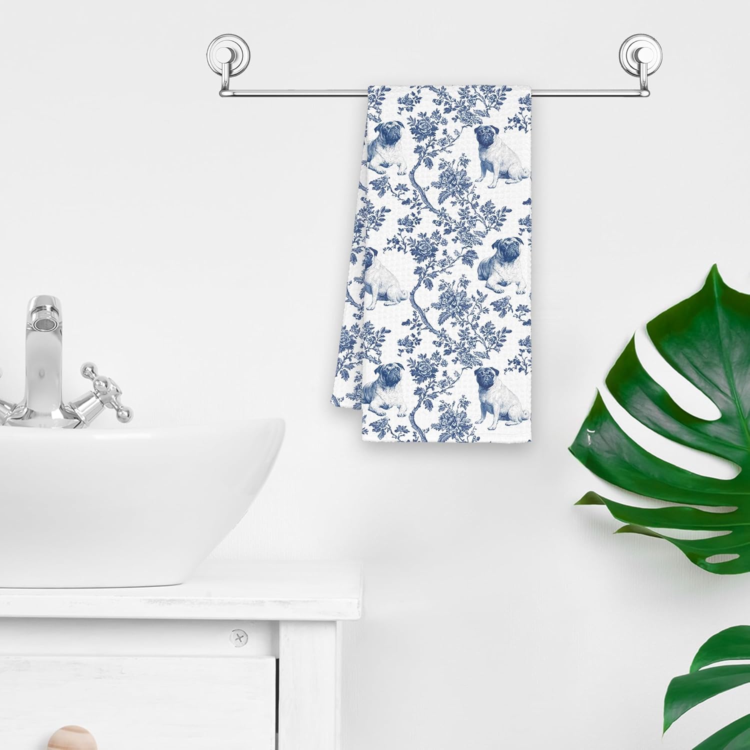 Dog Pug Chinoiserie Kitchen Towels, Blue and White Floral Cute Hand Bathroom Towels Gifts for Pug Lovers, Porcelain Rustic Cottagecore Decorative Tea Dish Towel Decor for Dining Room 16x24in - Image 5