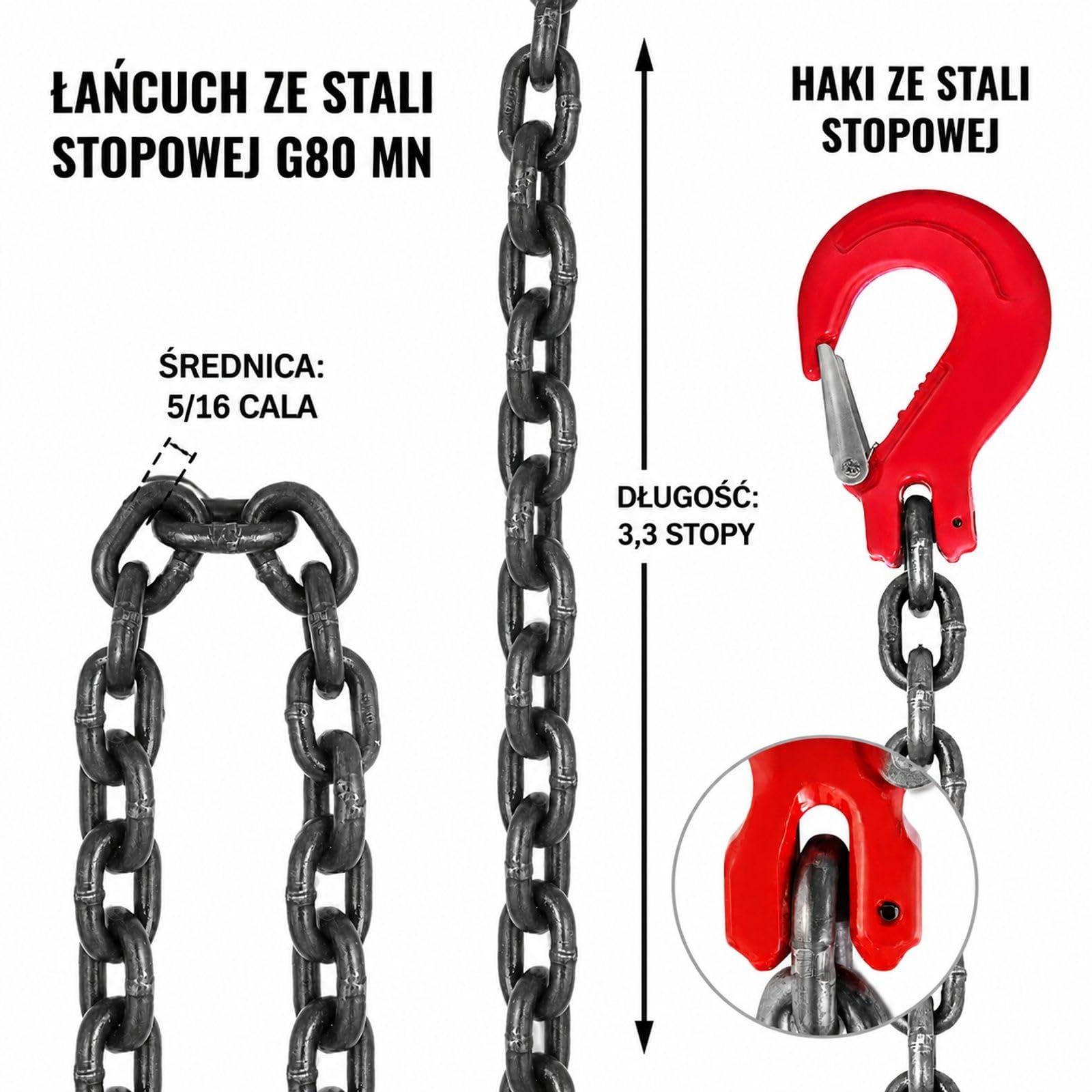 Czterocięgnowe zawiesie łańcuchowe ze stali stopowej z 4 czerwonymi hakami, do warsztatu, portu i budowy