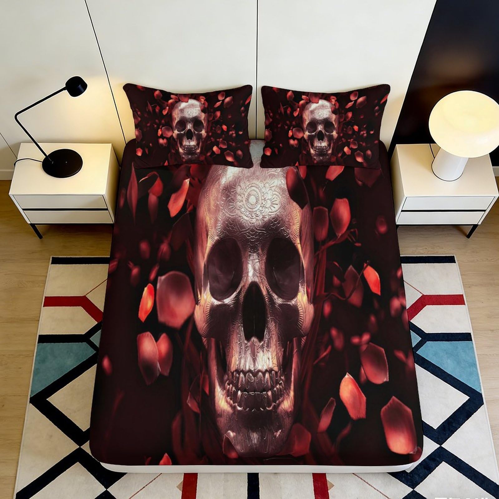 3D Printed Skull Rose Fitted Sheet Microfiber Black Gothic Bed Cover for Bedroom Dorm Mattress Protection Decor 120x200x25cm