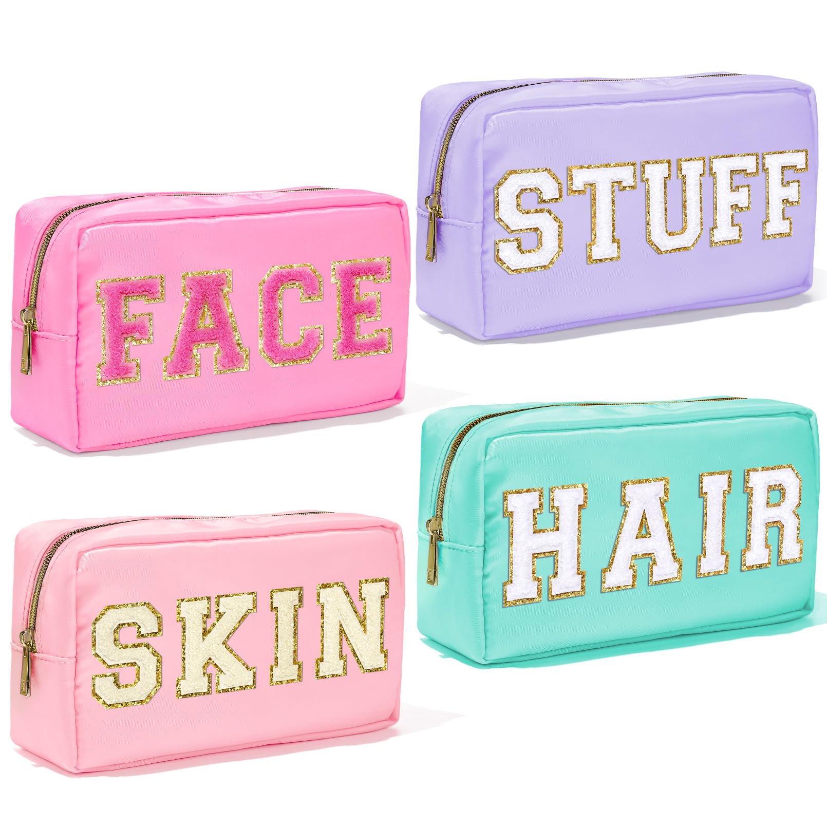 4 Pcs Nylon Makeup Bag Preppy Cosmetic Bag Chenille Letter Stuff Pouch Travel Toiletry Bag Organizer Waterproof Hair Bag with Patches Bulk for Women(SKIN STUFF HAIR FACE)