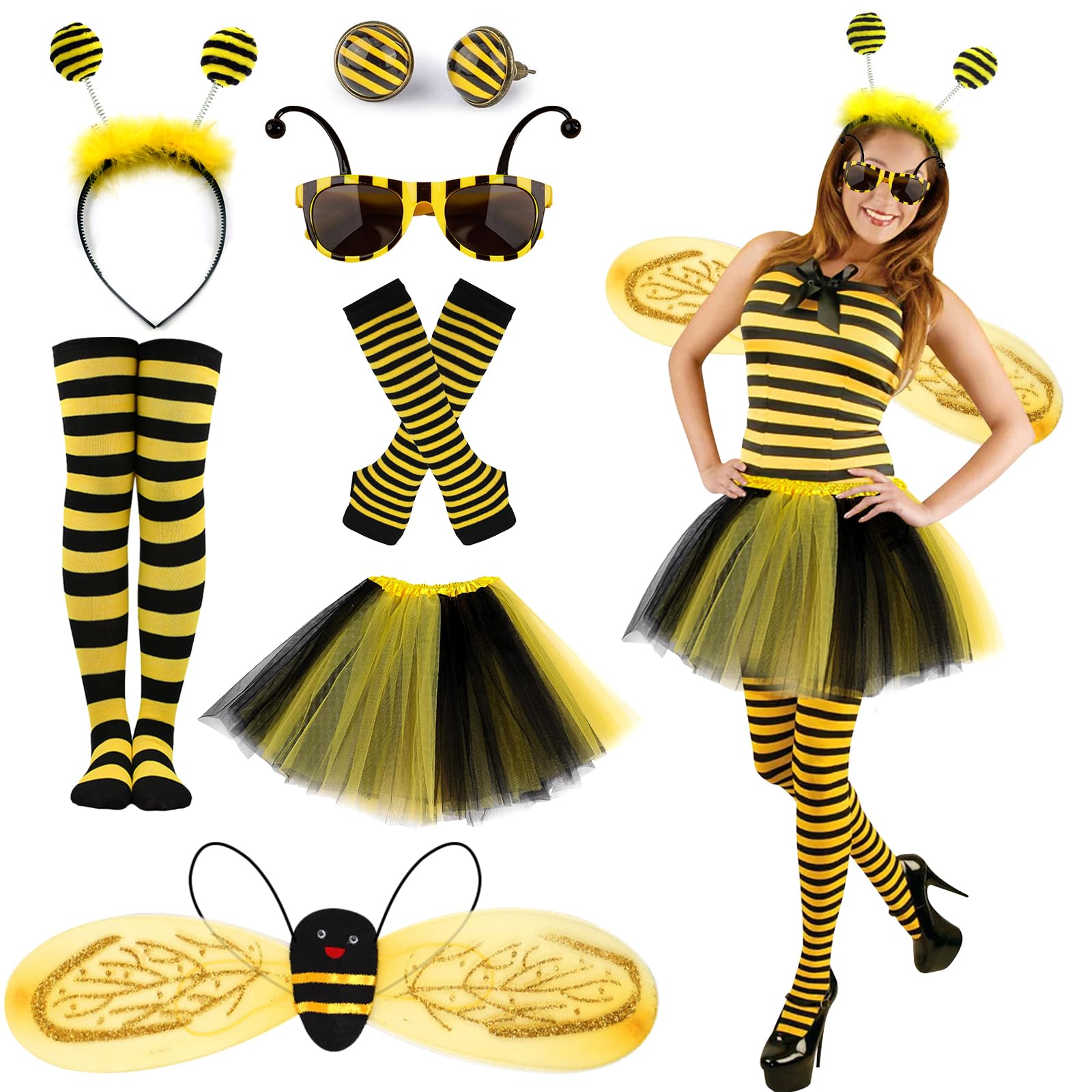 BITOWO Lot de 7 costumes d'abeilles, pour adulte, femmes, ailes, tutu, jupe, serre-tête, boucles d'oreilles, chaussettes, gants, lunettes, abeilles, costume pour femme - Accessoires de carnaval BITOWO Lot de 7 costumes d'abeilles, pour adulte, femmes, ailes, tutu, jupe, serre-tête, boucles d'oreilles, chaussettes, gants, lunettes, abeilles, costume pour femme - Accessoires de carnaval
