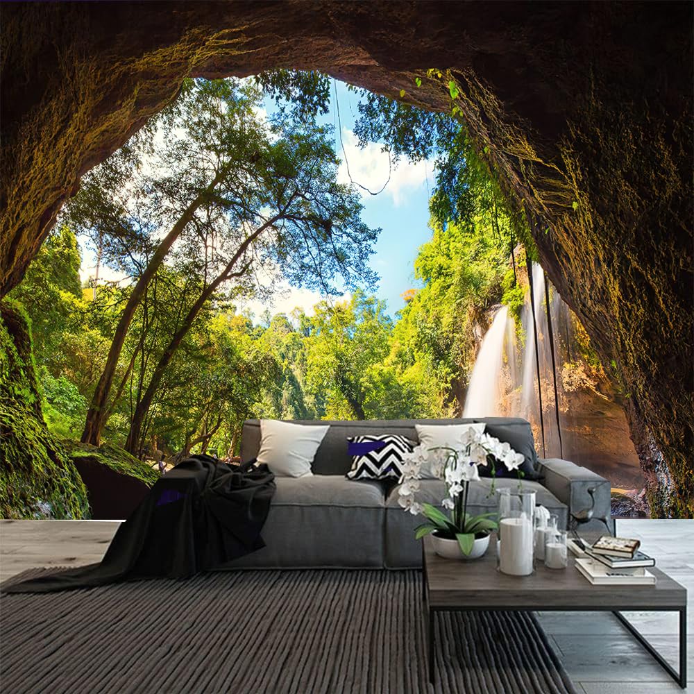 FENDROMGreen Misty Forest Tapestry Wall Hanging Nature Mountain Cave Landscape Tapestry Waterfall River Tapestries for Bedroom Living Room Dorm Decor