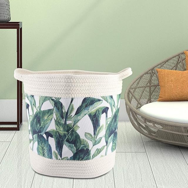 Fdit 1Pc Laundry Basket Cotton Rope Storage Organizer for Home Nursery Decor Green Plants Pattern(D30*H31CM)