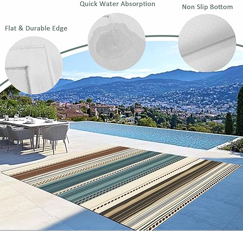 Miniatura 4 de Teal Blue Green Striped Boho Outdoor Area Rug 6'x9',Patio Balcony Porch Front Door Camping Camper RV Deck Runner Rug,Washable Carpet Indoor Living