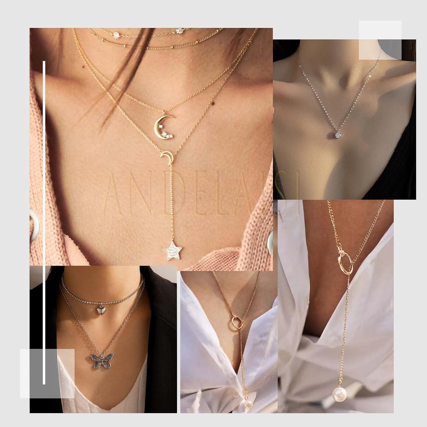 Andelaisi Boho Crystal Butterfly Choker Necklace Vintage Butterfly Star Necklace Silver Pearl Paperclip Necklace Personalized Star Pearl Dangle Necklace Jewelry for Women - Image 7