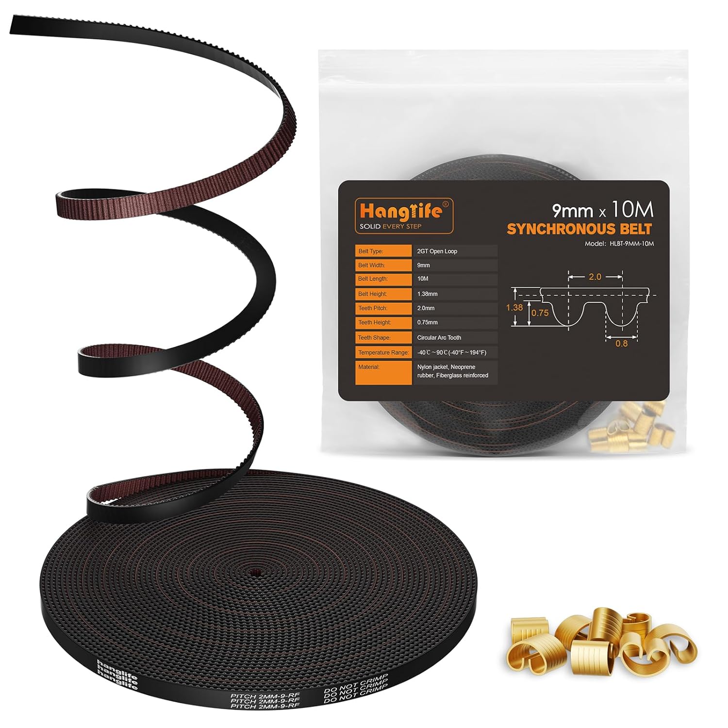 HANGLIFE GT2 Timing Belt with Copper Buckle - 3D Printer Open Synchronous Belt (2mm Pitch) 3D Printer Accessories - 9mm x 10M (32.8ft)