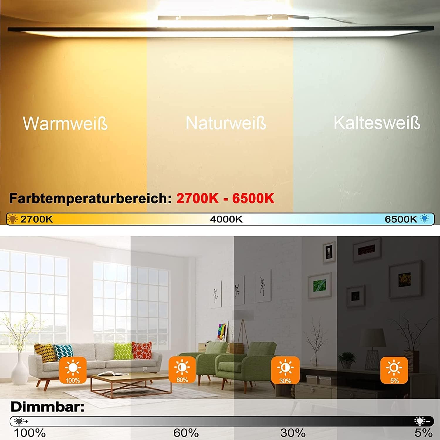 Dimmbare LED Deckenleuchte 120x30 cm mit Fernbedienung, 52W Super Deckenlampe Panel 2700K-6500K Warmweiß Naturweiß Kaltweiß, Modern Deckenpanel Lampe für Werkstatt Büro Garage Wohnzimmer Küche
