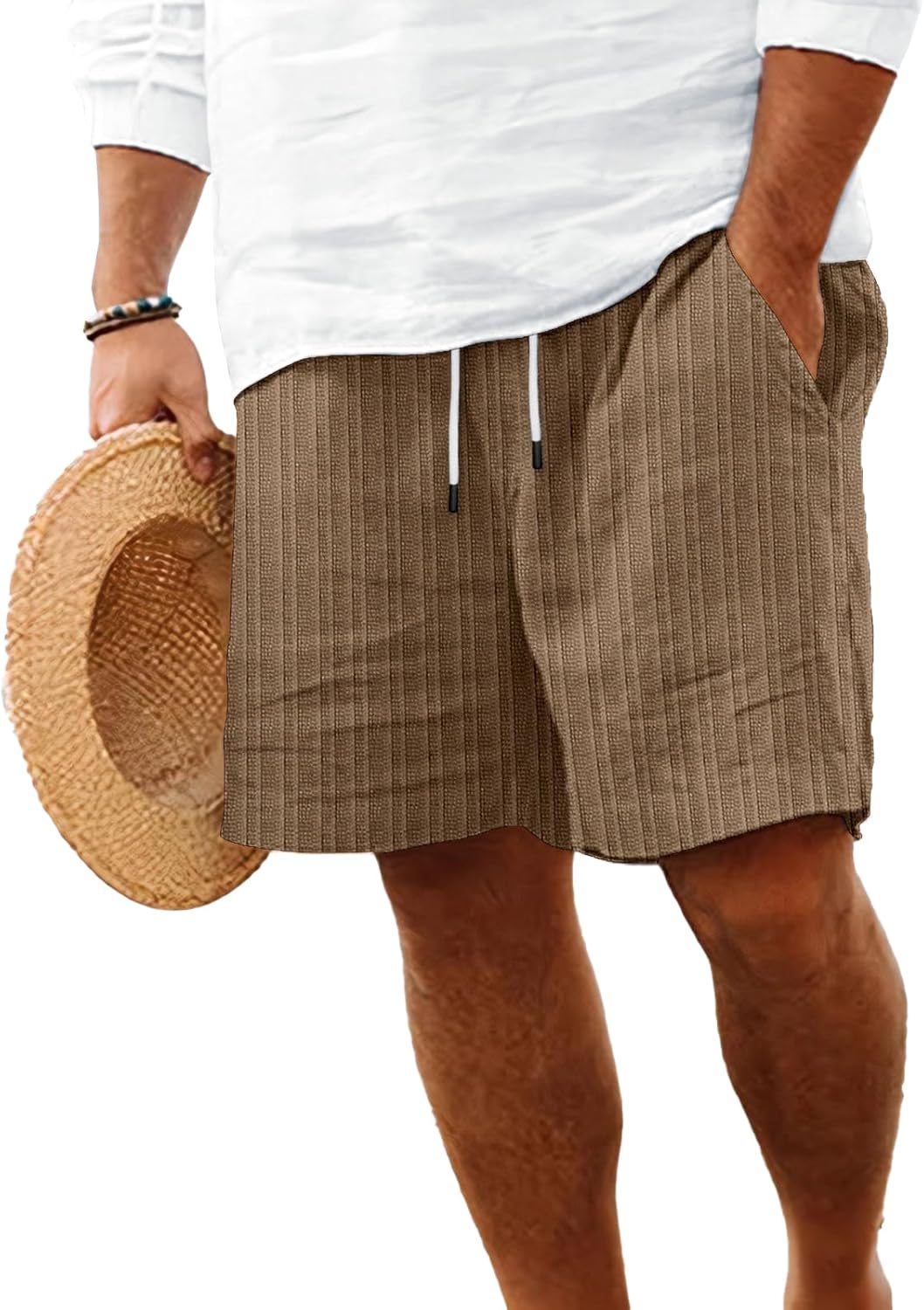 Mens Shorts Flat Front Casual Elastic Waist Drawstring Summer Beach Vacation Shorts with Pocket