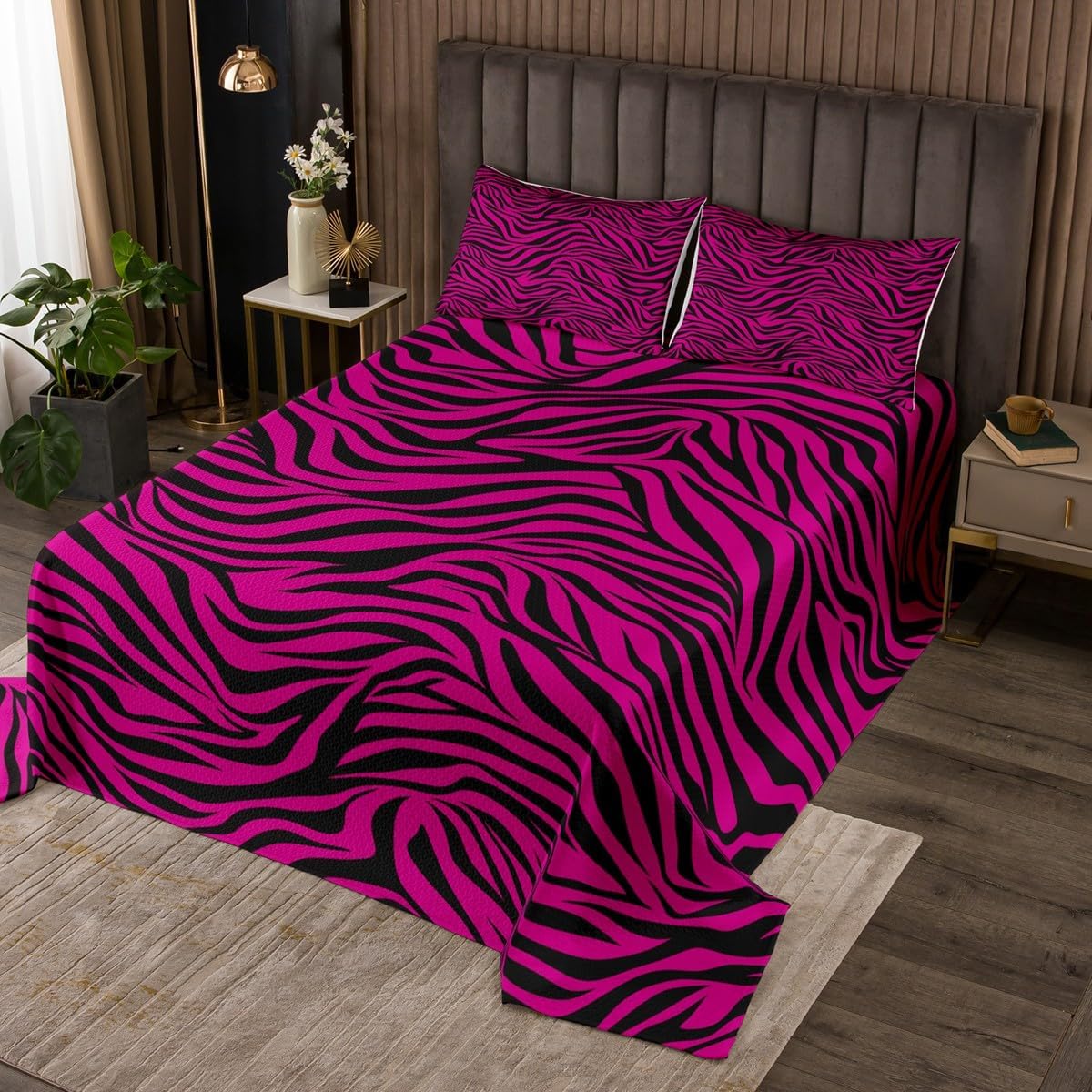 Black Pink Zebra Skin Quilt Set for Kids Teens,Wild Animals Bedspread Coverlet,Zebra Stripes Bed Cover Zoo Animal Fur Bedding Set Decorative Quilted 2 Piece Coverlet Set with 1 Pillow Sham,Twin Size