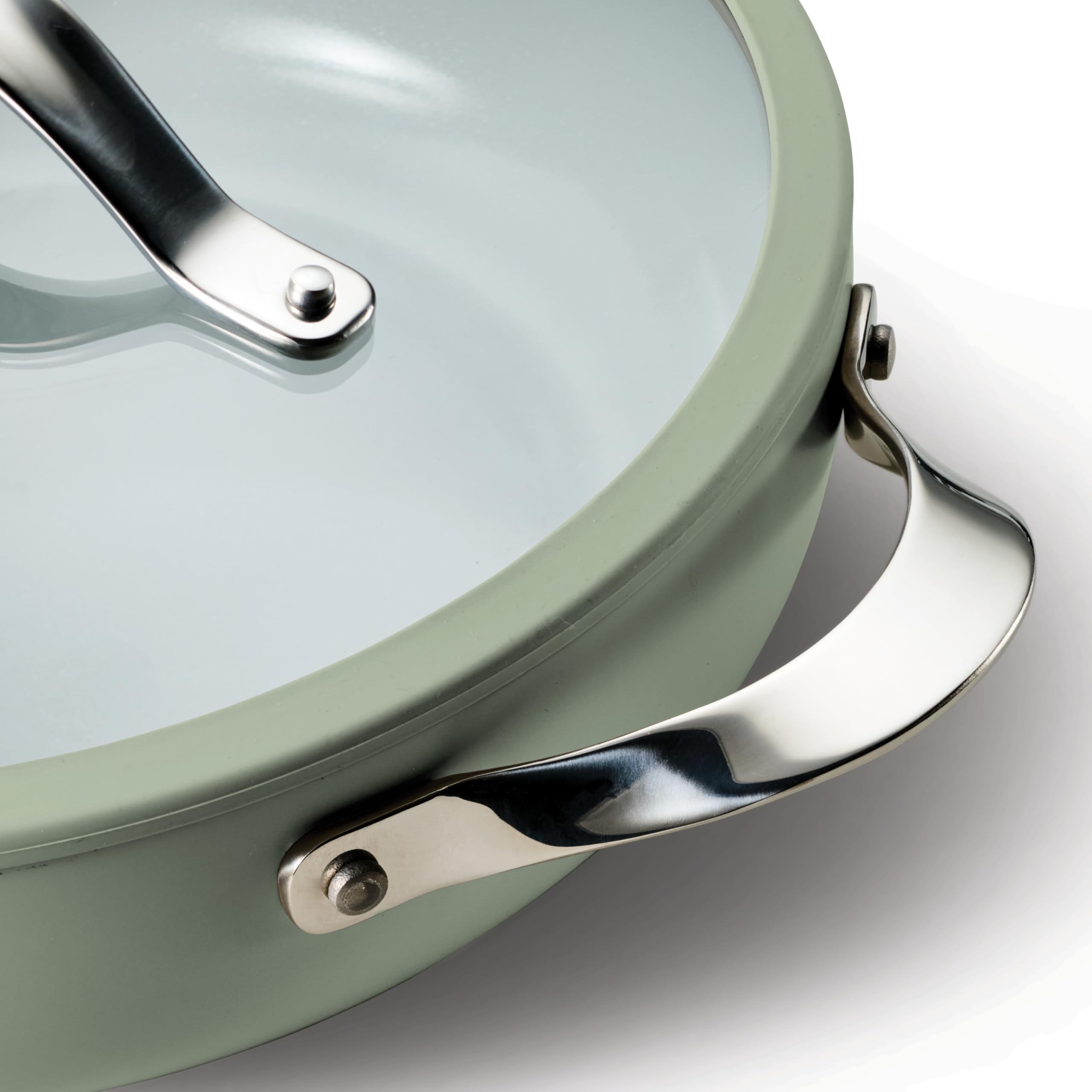 Tramontina Vue All-in-One Plus Pfannenset, 5 Quart Keramik Antihaft-Kochpfanne mit Glasdeckel, Dampfgareinsatz, Buchenholz-Utensilien, Spritzschutz, Topflappen, Grün