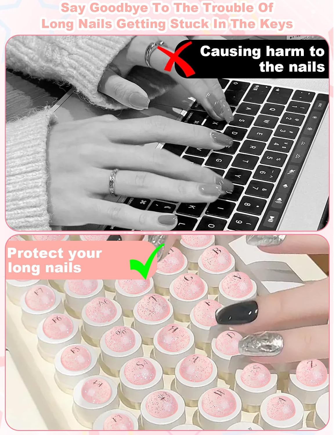 128 Pcs Pink Bubble Keycaps for Long Nails, Ultra-Strong Adhesion Silicone Keyboard Bubble Keys,Full Cover Key Gap Expander, Fade-Resistant Clear Character Raised Keyboard Extender