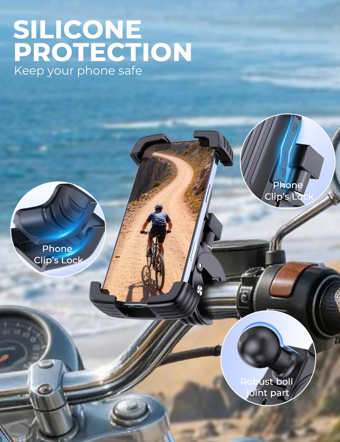 Supporto per telefono da moto per manubrio, con serratura a una mano, design anti-vibrazione, supporto per telefono regolabile a 360°, adatto per smartphone da 4,7 a 7,2 pollici (nero)