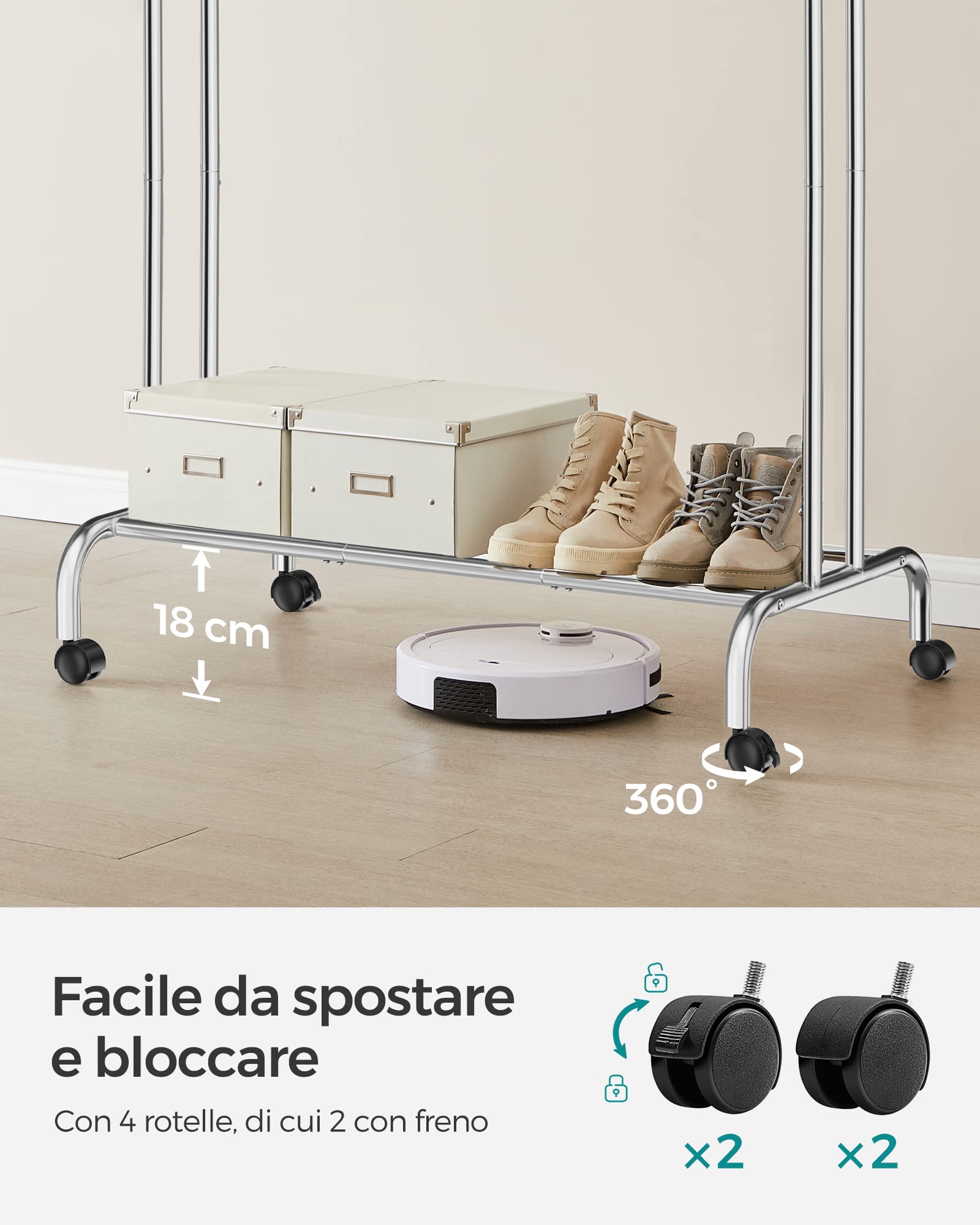 SONGMICS Stand Appendiabiti Doppio, Attaccapanni con Ruote, Struttura in Acciaio, Portata fino a 100 kg, Larghezza di 103,5 cm, Multifunzione, Color Argento HSR107E01