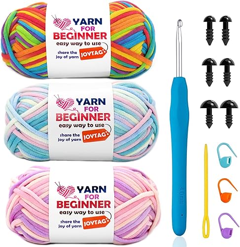 Paquete de 3 hilos de ganchillo para principiantes, hilo de ganchillo de algodón arcoíris para tejer a ganchillo para principiantes con puntadas