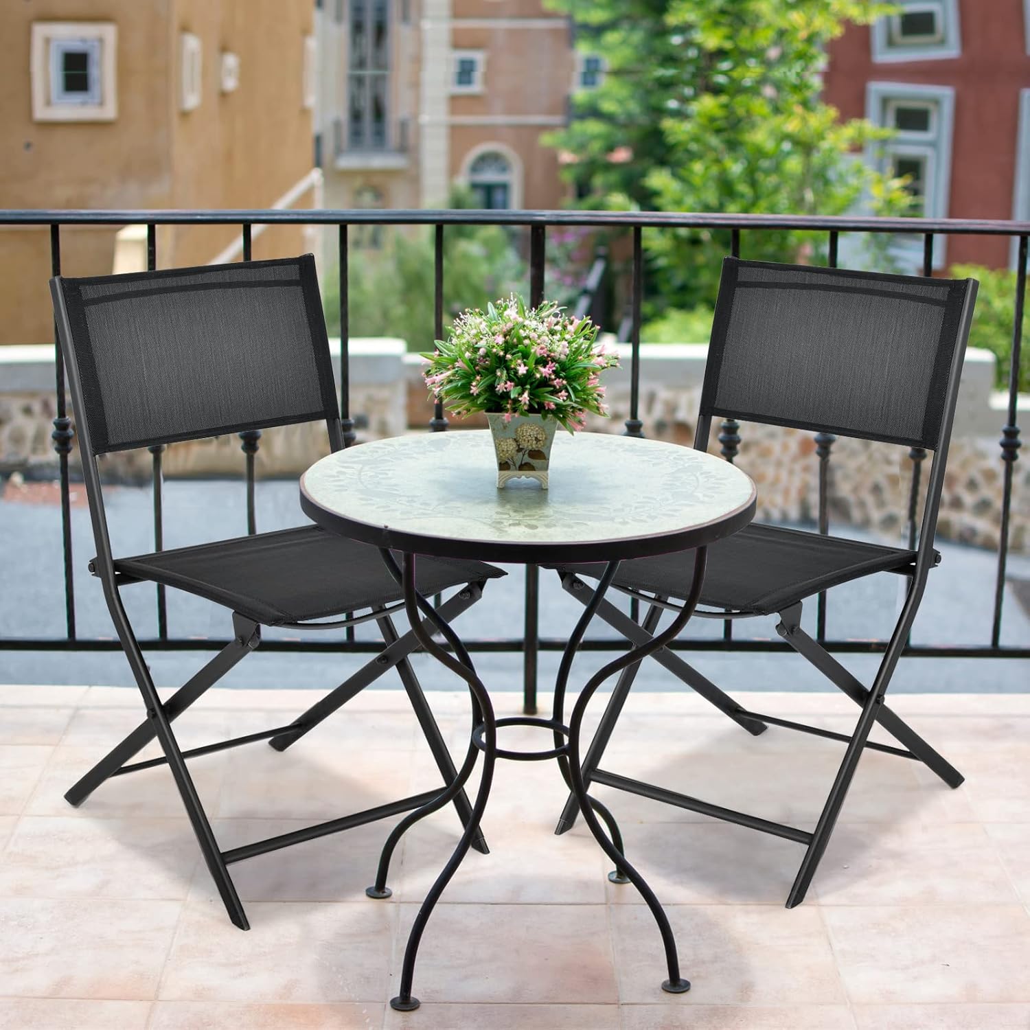 Tangkula Patio Folding Chairs Set of 4, Outdoor Portable Camping Chairs with Breathable Fabric Backrest & Seat, Heavy Duty Steel Dining Chairs Sling Chairs for Poolside, Yard, Garden, Deck, Lawn