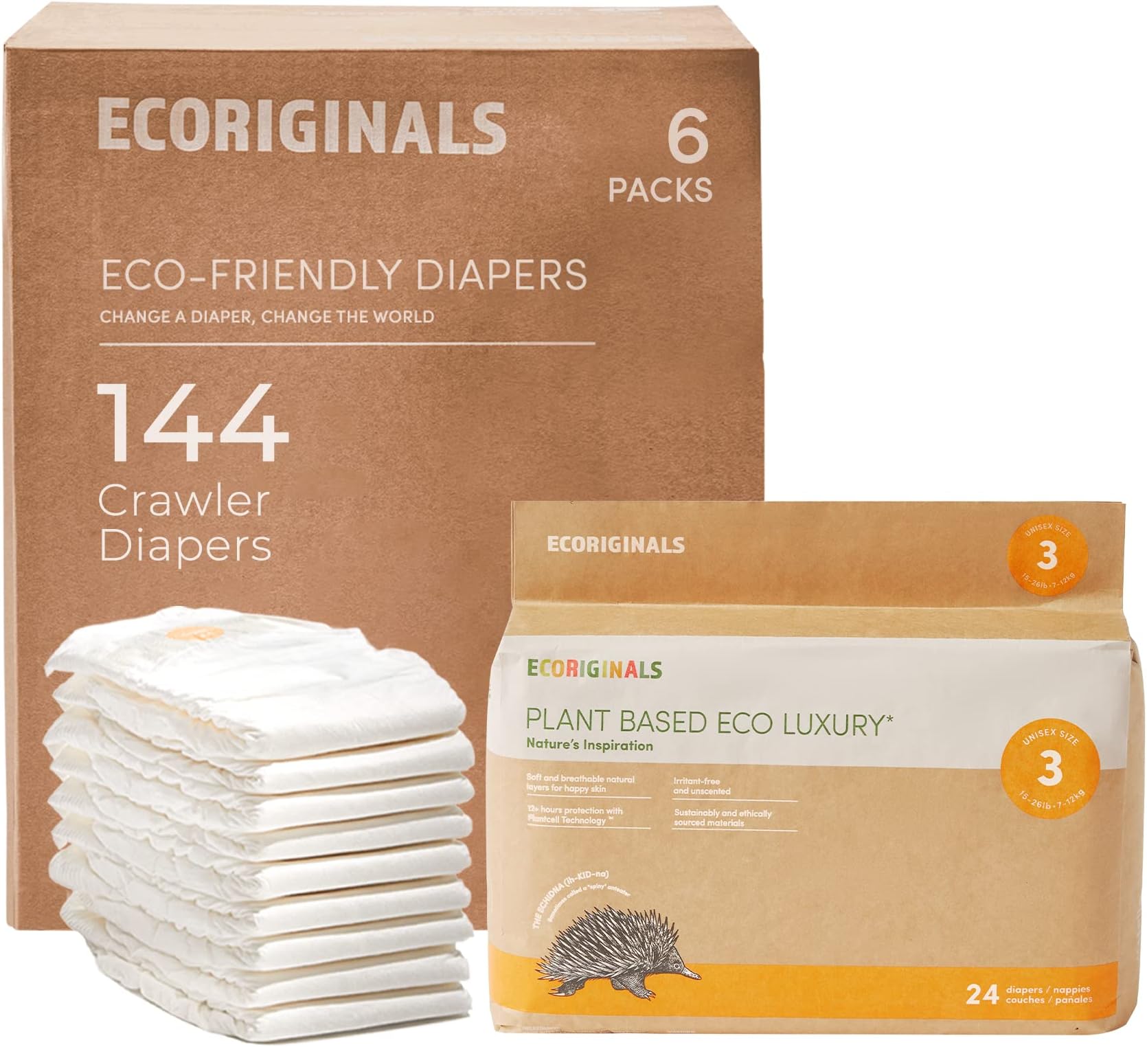 Eco Disposable Diapers | Crawler Size 3, 13-24lbs | 6 Pack, 144 Count | Plant-Based, Non-Toxic