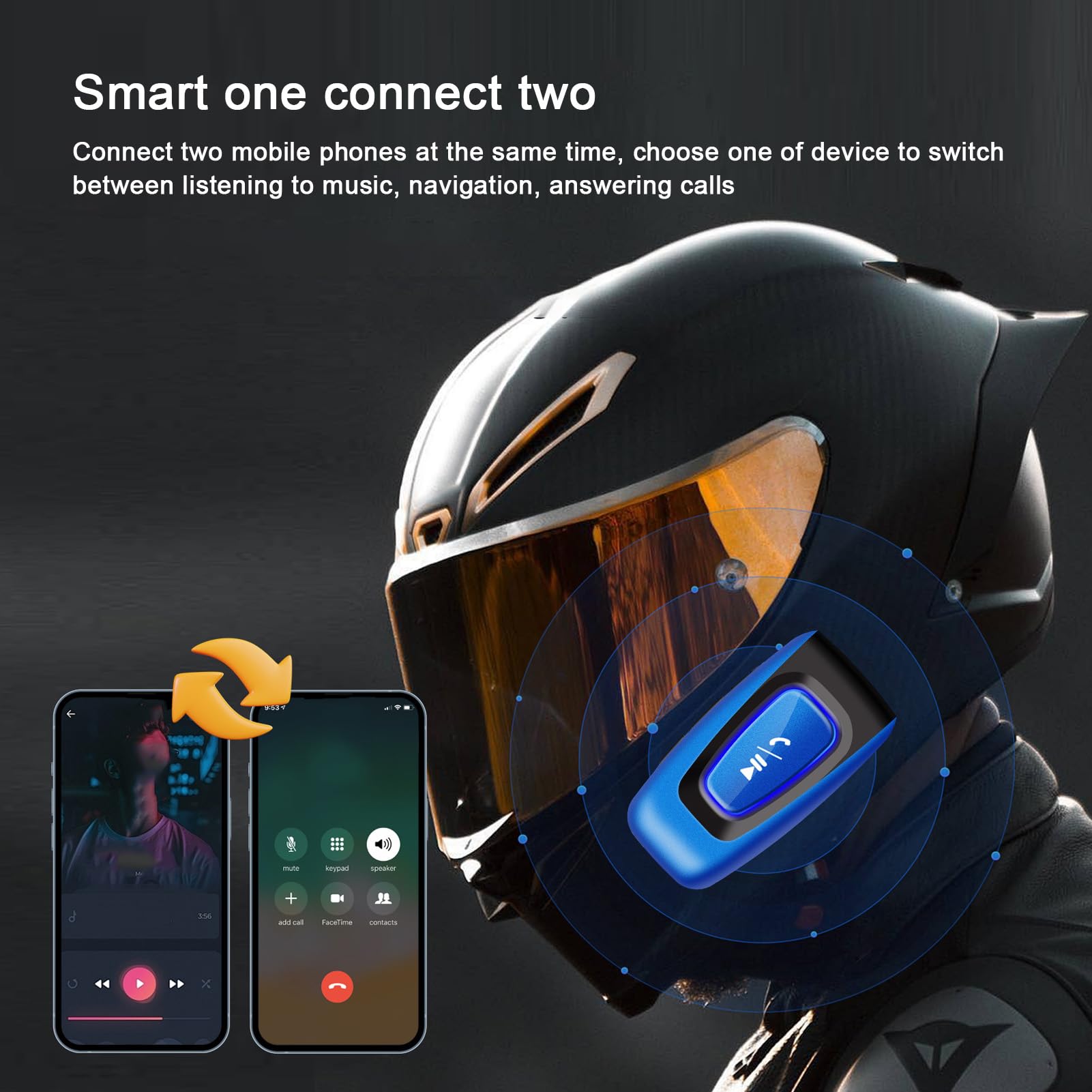 Bewinner Motorcycle Helmet Bluetooth Headset, Dual Connectivity Helmet Intercom with HiFi Speakers, Noise Reduction Automatic Call Answering Helmet Headset Speaker