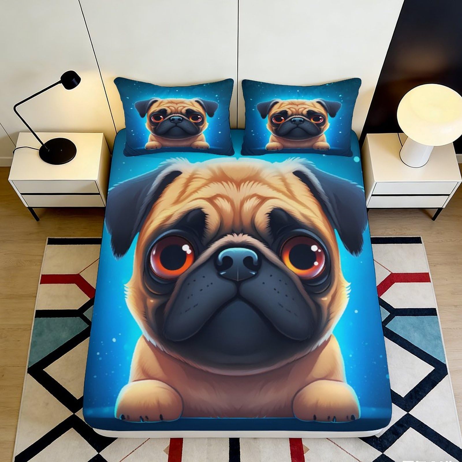 Pnayamiorkfel Style-3 3D Printed Cartoon Pug Fitted Sheet Microfiber Anti-Slip Dog Pattern Bed Cover For Bedroom Guest Room Decor 90X200x25cm