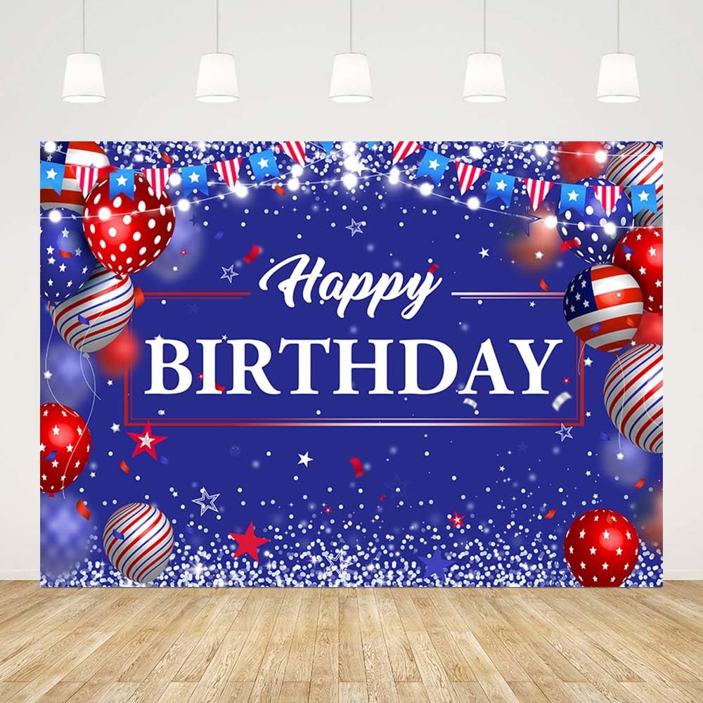 AIBIIN 7x5ft Blue Happy Birthday backdrop for Photography Independence Day Happy 4th of July Background Red White Blue Balloons Flags Party Decorations Banner Supplies Photo Props