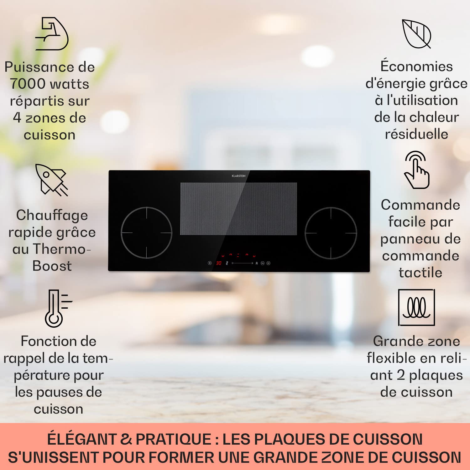 Klarstein Plaque Induction 7000W, Plaque de Cuisson Electrique à Induction, Encastrées 4 Feux, Tables de Cuisson Encastrable, Contrôle Tactile, Rechaud Electrique pour la Cuisine