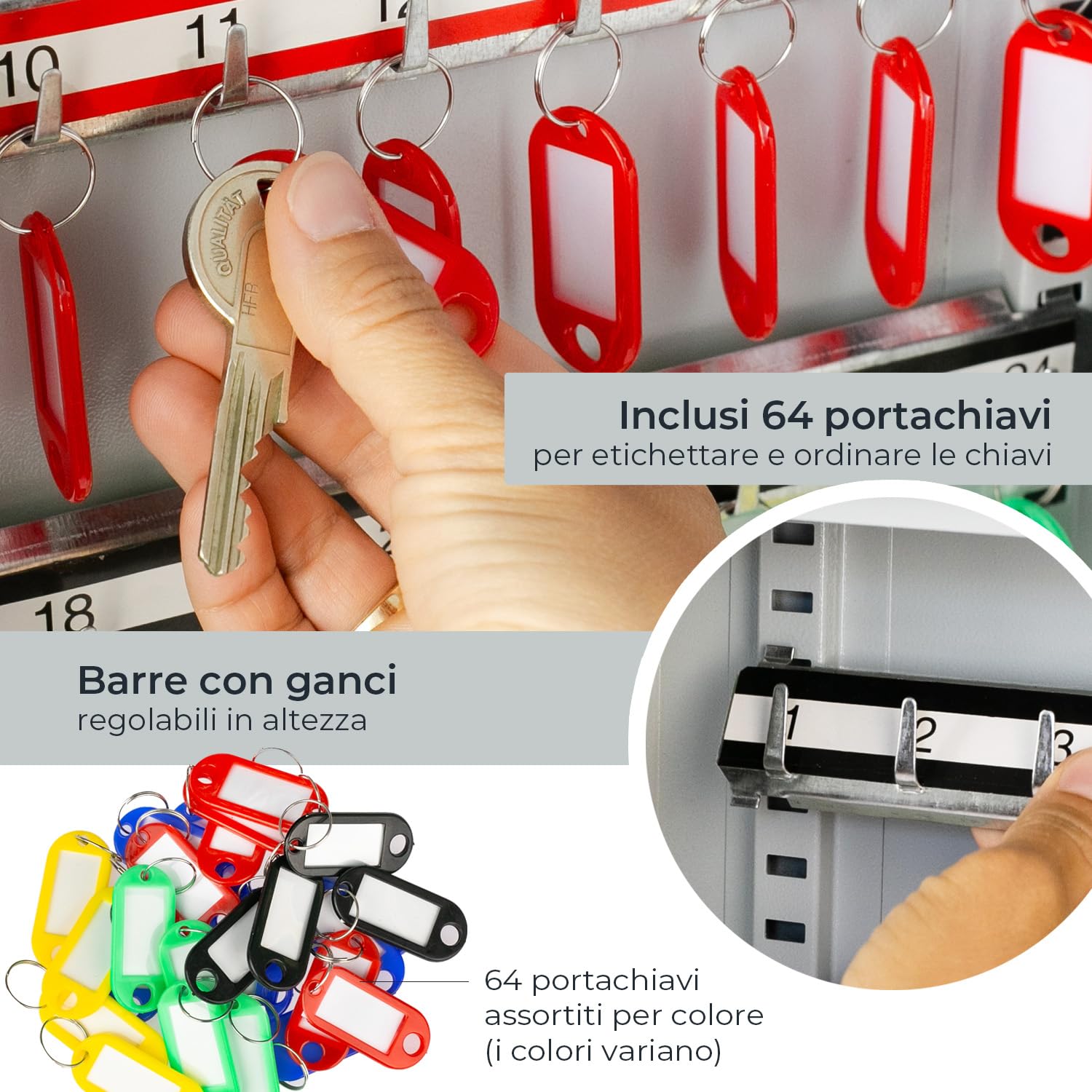 HMF Armadietto portachiavi in acciaio, Cassetta portachiavi con serratura per ufficio, amministrazione o parco veicoli | 64 ganci portachiavi | 45 x 30 x 8 cm | Grigio chiaro