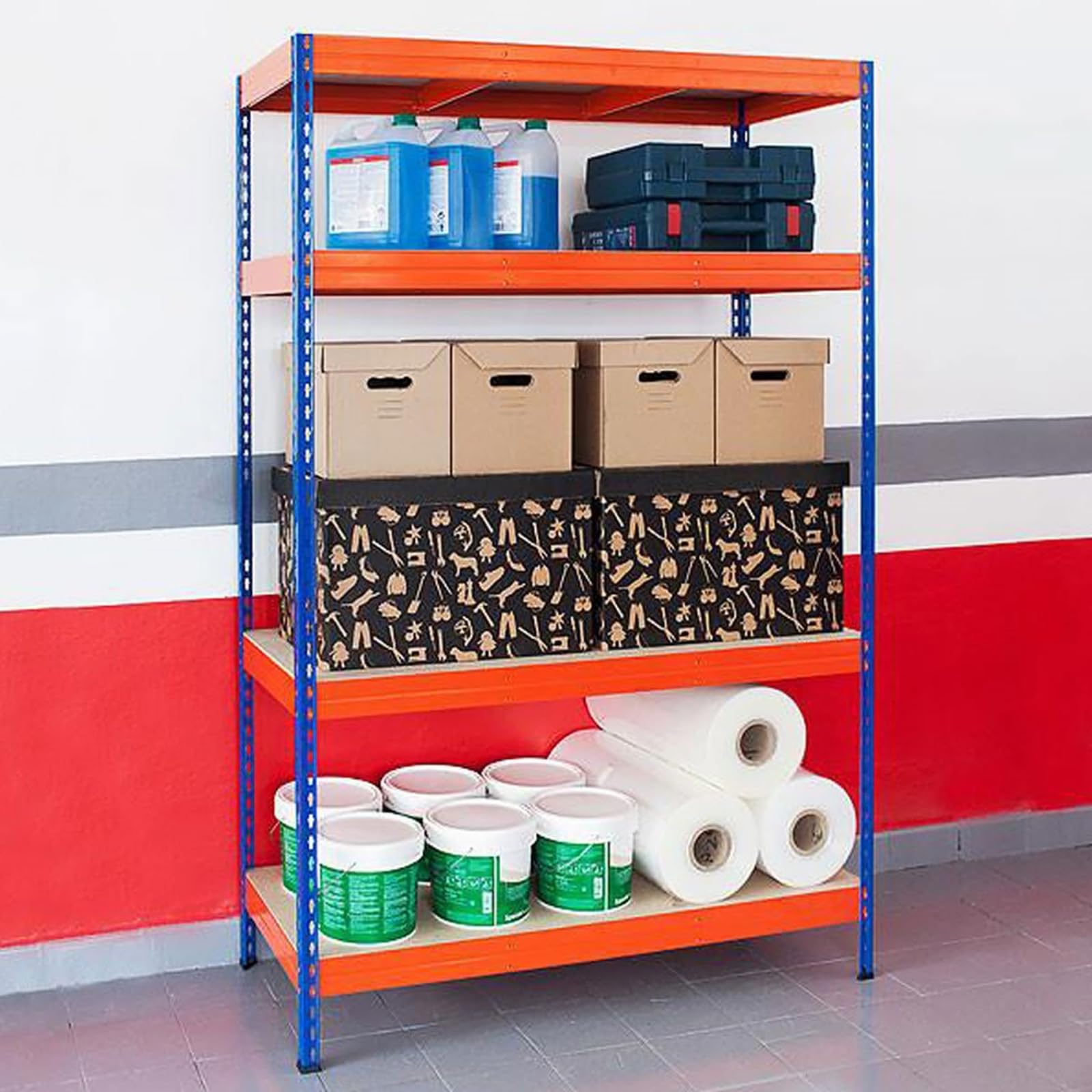 KARAT Scaffali Robusti | Scaffale Incastrato, Montaggio Senza Utensili | Scaffalature per Carichi Pesanti | Scaffalatura per Negozio e Garage | Scaffalatura da Officina Modulabile (Blu-Arancio 220 x