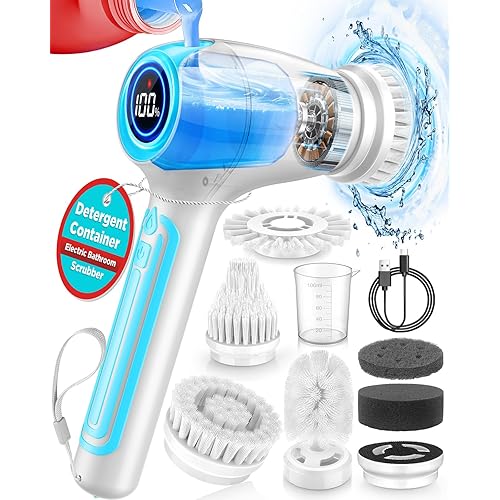 Cordless & Rechargeable 3200mAh Electric Spin Scrubber with Detergent Container & LED Display Screen, Spin Brush Scrubber Tools with 8pcs Replaceable Brush Heads for Cleaning Tub/Tile/Floor/Bathroom