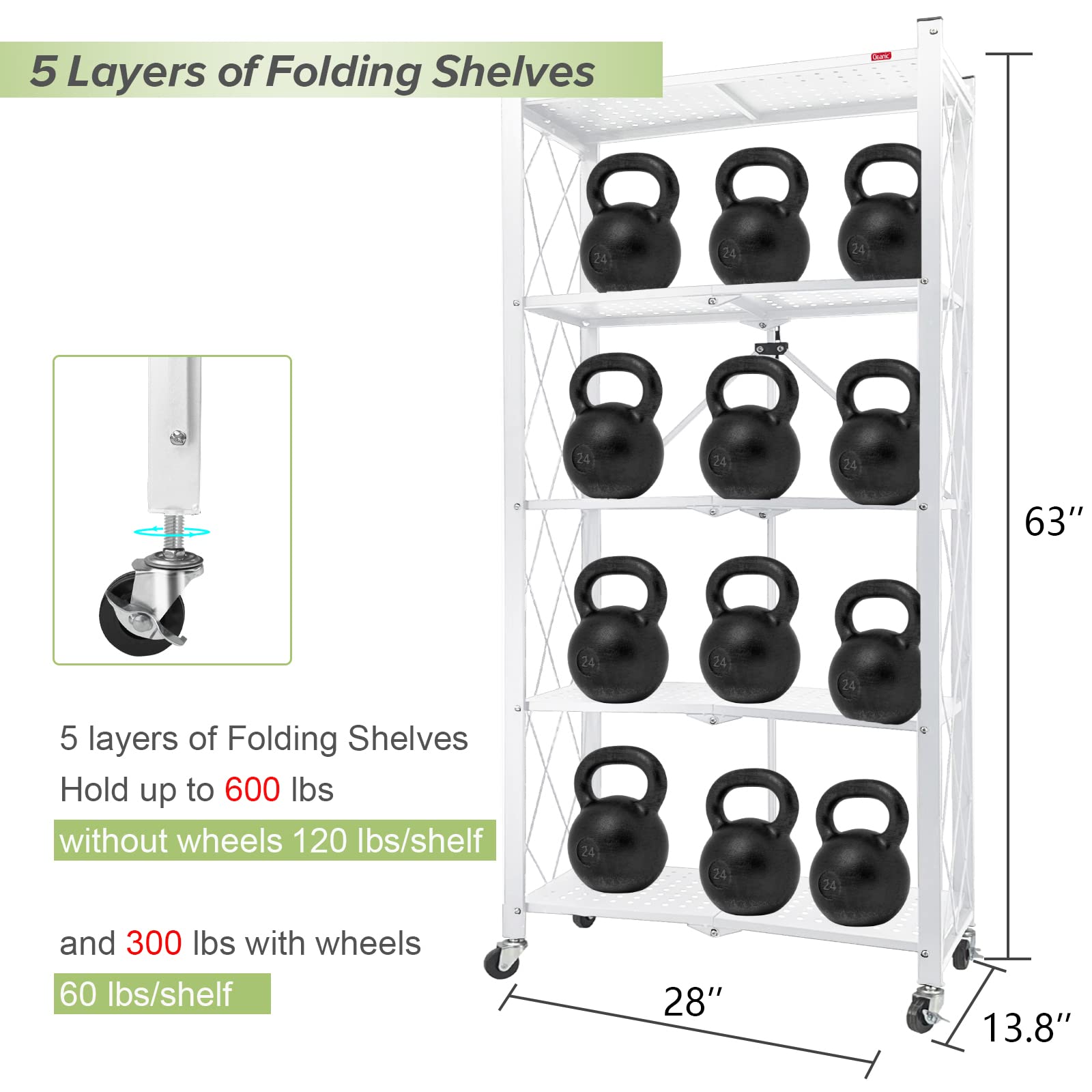 DEANIC Foldable Storage Shelves on Wheels, 5 Tier Shelves for Storage, Large Capacity Metal Shelving Units, No Assembly Storage Rack for Garage, Kitchen, Basement, Pantry Heavy Duty, White