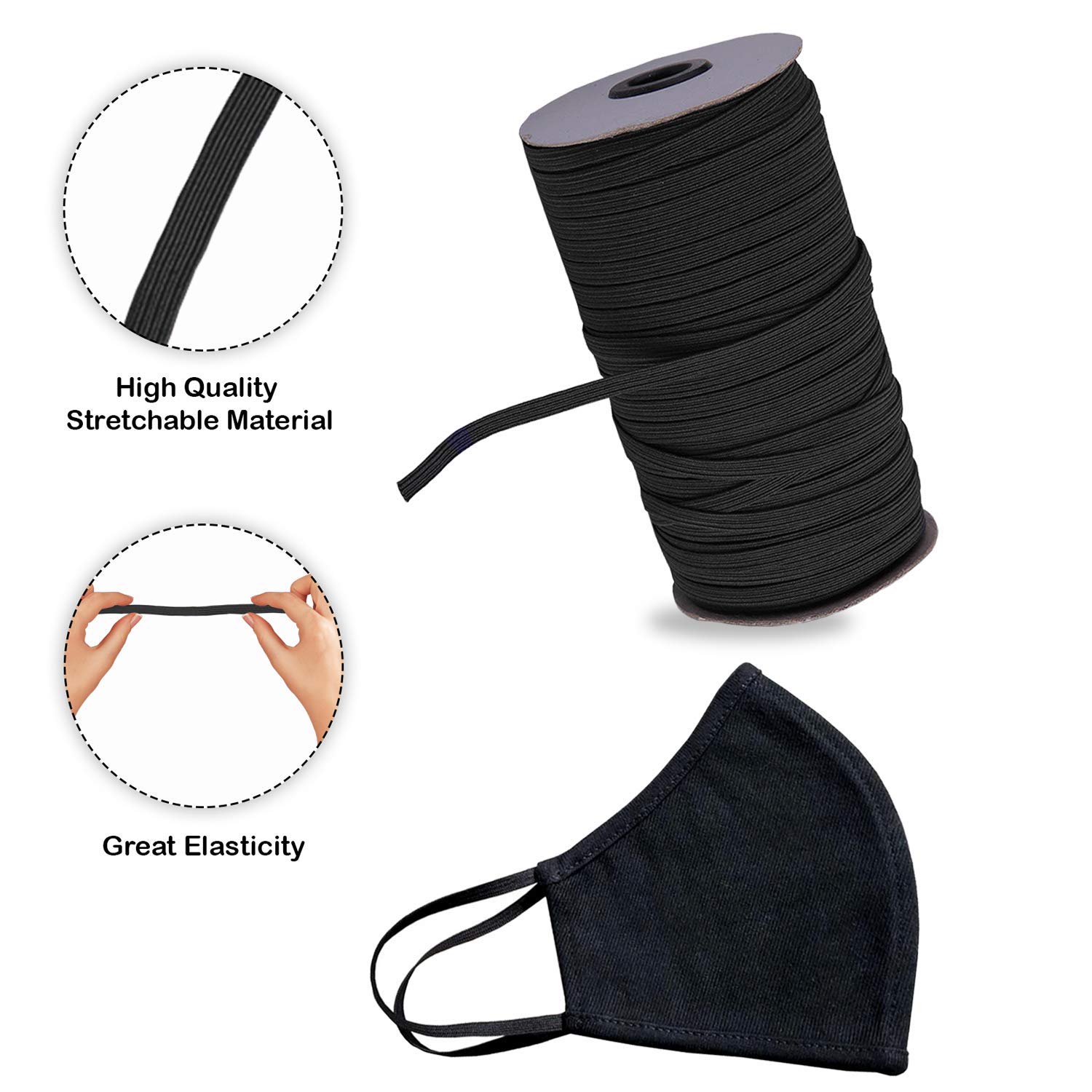 Trimming Shop 4 mm elastische platte koord, elastische band voor dressmaking, naaien, breien, doe-het-zelf ambacht, naaiaccessoires, zwart, 1 meter